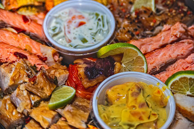 High angle view of meal served on table