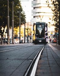 Surface level of railroad tracks in city