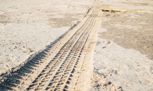 Car tyre track on sandy beach
