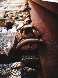 Close-up of old rusty railroad track