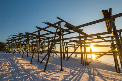 Snow covered land on field against clear sky