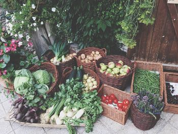 High angle view of vegetable in baskets at street market