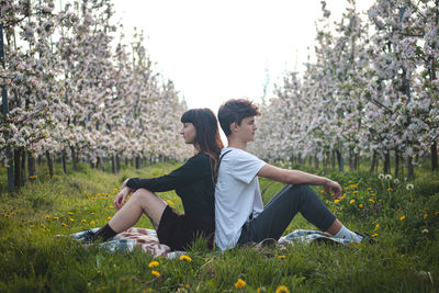 Couple declare their affection, togetherness and love in a blossoming apple orchard with a smile