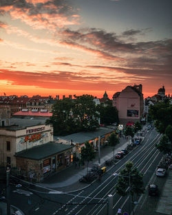 High angle view of cityscape against sky during sunset