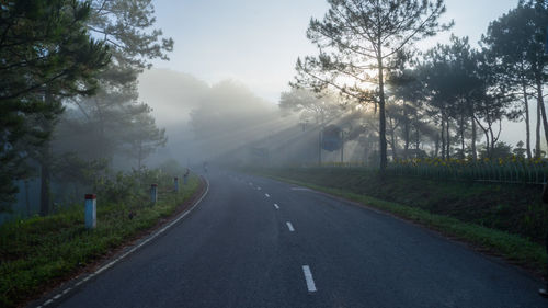 Empty road amidst trees against sky