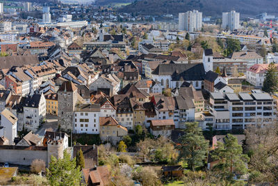 High angle view of buildings in city