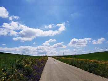 Empty road amidst field against sky