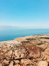 Scenic view of sea against clear blue sky