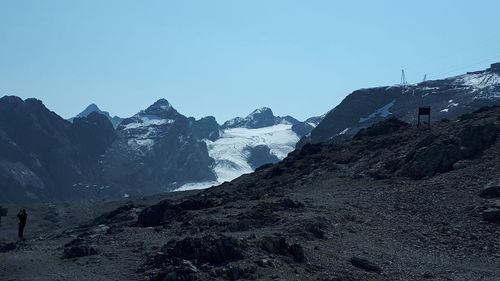 Scenic view of snowcapped mountains against clear sky