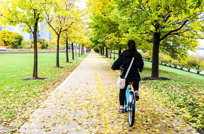 Rear view of man riding bicycle on road in park