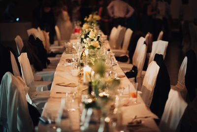 Panoramic view of christmas decorations on table in restaurant