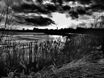 Scenic view of lake against cloudy sky