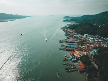 Top-down view drone shot of pangkor island, in perak state, malaysia country.