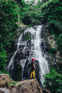 Rear view of man standing on cliff by waterfall