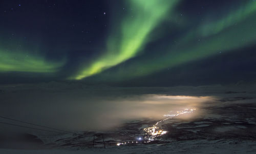 Scenic view of snow covered landscape against sky at night