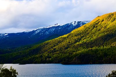 Scenic view of lake by mountains against sky