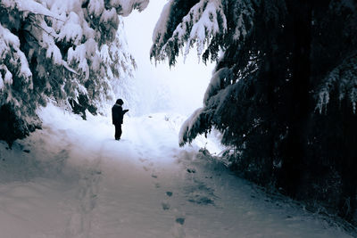 Person standing in the middle of a road surrounded by trees, mountain and it is covered in snow