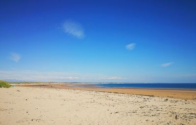 Scenic view of beach against blue sky
