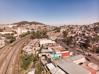 High angle shot of townscape against sky