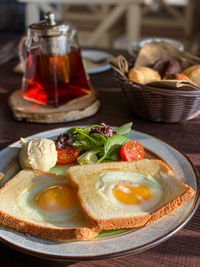 High angle view of breakfast served on table