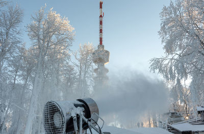 Snowmaking machine in action in ski resort sljeme near zagreb, croatia