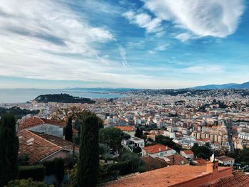 High angle shot of townscape against sky