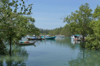 Boats moored in lake against sky