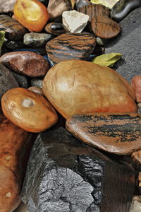 High angle view of pebbles on table