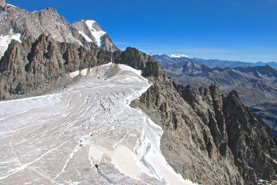 Panoramic view of rocky mountains against clear blue sky