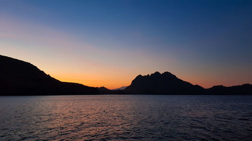 Scenic view of sea and mountains against sky during sunset