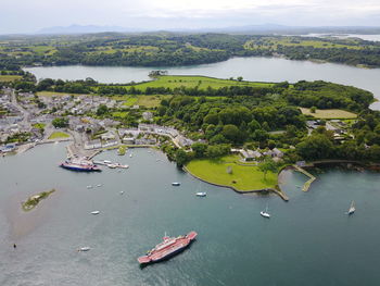 High angle view of boats on river against sky