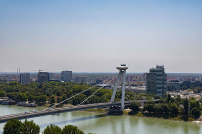 Buildings in city against clear sky