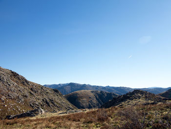 Scenic view of mountains against clear blue sky