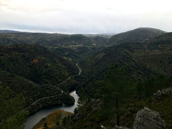 Scenic view of river amidst mountains against sky