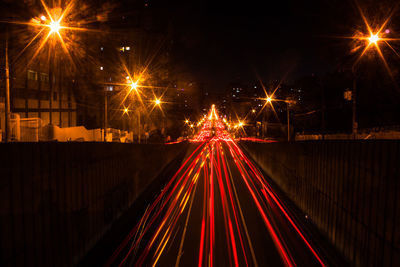 Light trails on road at night