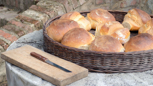 High angle view of bread in basket on table