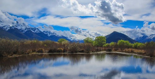 Scenic view of lake and mountains against sky