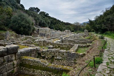 High angle view of old ruins against sky