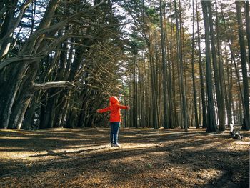 Rear view of woman with arms outstretched standing in forest