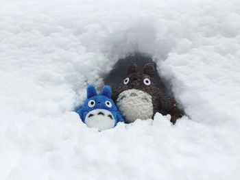 Stuffed toys on snow covered field