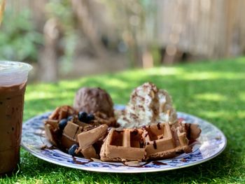 Ice cream in plate on table