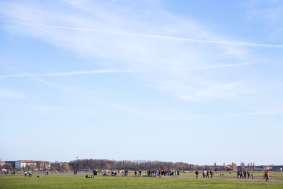 Scenic view of grassy field against blue sky