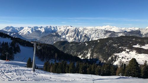 Scenic view of snow covered mountains against sky