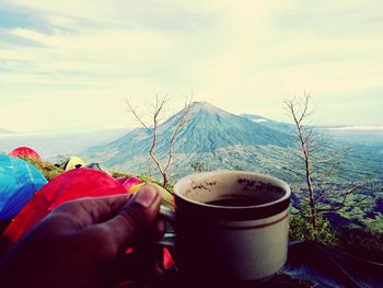 Hand holding coffee cup against sky