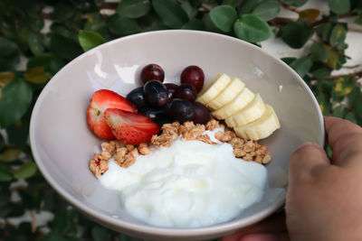 Close-up of hand holding fruit salad in bowl