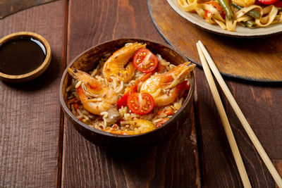 High angle view of food in bowl on table