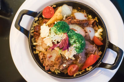 High angle view of food in plate on table