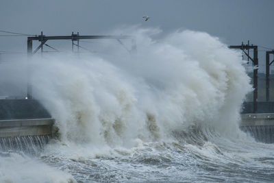 Water splashing in sea against sky