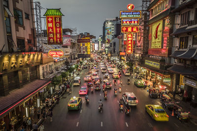 Drone photograph of yaowarat road, chinatown, bangkok, thailand.