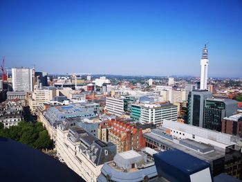 High angle view of buildings in city against clear sky